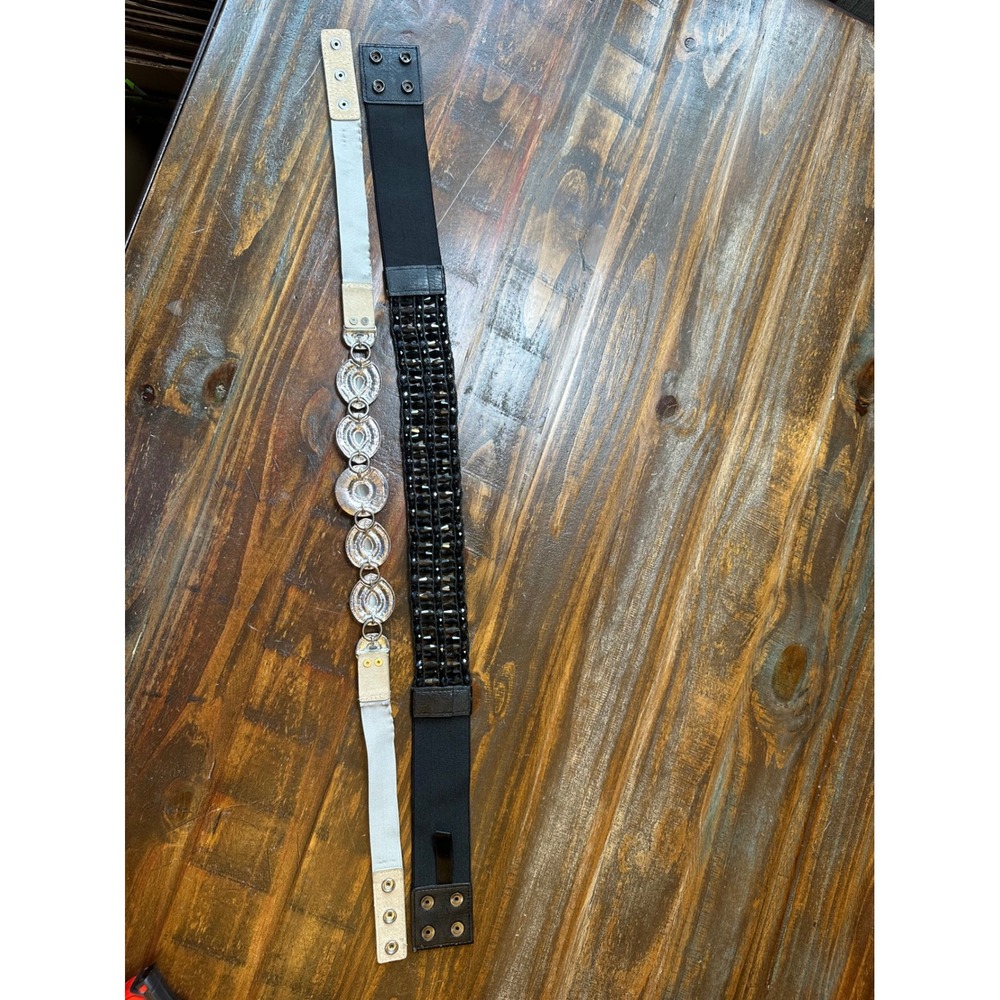 Set of 2 Women Elastic Cinch Belts Black Beaded & Silver Medallion Boho Retro - Picture 9 of 13
